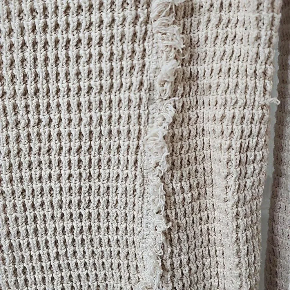 Elan Cold Shoulder Distressed Waffle Knit Sweater in Cream Size S